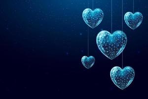 cuori wireframe in stile low poly. banner di buon san valentino. illustrazione vettoriale astratta moderna 3d su sfondo blu scuro