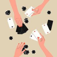 persone che giocano a giochi da tavolo alla scrivania. Tempo libero a casa per amici o famiglie. Gli amici giocano a poker. Mano con carte e chip. colleghi e giochi da tavolo aziendali. Illustrazione piatta vettoriale disegnata a mano.