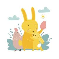 mamma coniglio con il suo coniglietto. simpatici personaggi pasquali isolati su bianco, dolce mamma e bambino che celebrano la pasqua. concetto di caccia alle uova. illustrazione disegnata a mano di vettore piatto.
