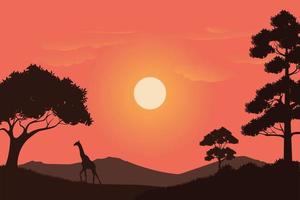 illustrazione vettoriale di uno scenario di prati al tramonto in africa. concetto di design di sfondo del selvaggio con sfumature di colore arancione al tramonto