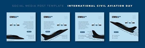 set di modello di post sui social media con illustrazione vettoriale di aeroplano nero volante. design del modello della giornata internazionale dell'aviazione civile.