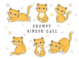 gruppo di grumpy annoiato arancione zenzero gattino gatto collezione cartone animato disegno vettoriale, simpatico animale domestico faccia noiosa vettore