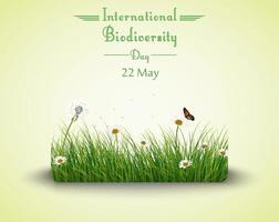 poster della giornata internazionale della biodiversità con erba verde con fiori e farfalle.vettore vettore