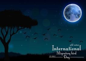 giorno migratorio degli uccelli con albero ed erba sotto la luna su sfondo notturno vettore