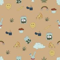 cannabis disegnata a mano, modello senza cuciture di elementi di marijuana. accendino, pizza, cupcakes e altro ancora. illustrazioni piatte vettoriali