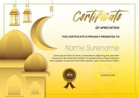 certificato con sfondo moschea e colore oro giallo adatto per modello di concetto ramadan vettore