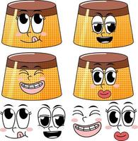 set di espressione facciale in stile vintage cartone animato con budino su sfondo bianco vettore