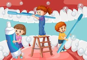 bambini felici che si lavano i denti sbiancano con uno spazzolino da denti all'interno della bocca umana vettore