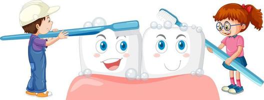 bambini che si lavano i denti grandi con uno spazzolino da denti su sfondo bianco vettore