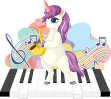carino unicorno viola che soffia sassofono con note musicali al pianoforte vettore