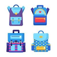 set di zaini per la scuola. zaino per bambini, zaino isolato su sfondo bianco. borsa con forniture, righello, matita, carta. cartella dell'allievo. educazione dei bambini, concetto di ritorno a scuola. illustrazione piatta vettoriale