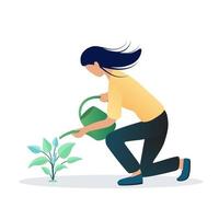 ragazza che innaffia le piante con foglie in giardino. giardinaggio, concetto di botanica. disegno del fumetto vettoriale
