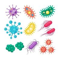 insieme di batteri, microbi, virus, germi. oggetto patogeno isolato su sfondo. microrganismi batterici, cellule probiotiche. disegno del fumetto vettoriale.