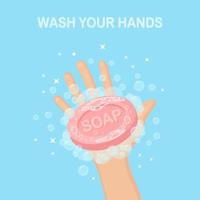 lavarsi le mani con schiuma di sapone, scrub, bolle di gel. igiene personale, concetto di routine quotidiana. corpo pulito. disegno del fumetto vettoriale