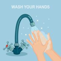 lavarsi le mani con schiuma di sapone, scrub, bolle di gel. rubinetto dell'acqua, perdita del rubinetto. igiene personale, concetto di routine quotidiana. corpo pulito. disegno del fumetto vettoriale