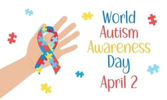 giornata mondiale di sensibilizzazione sull'autismo. nastro di consapevolezza della tenuta della mano con puzzle e testo. poster vettoriale, banner. 2 aprile giornata dell'autismo. illustrazione piatta vettoriale