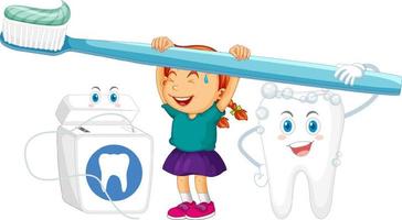 una bambina e un grande dente che tiene il dentifricio con i denti sbiancati su sfondo bianco vettore