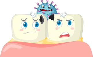 carie dei denti dei cartoni animati con batteri su sfondo bianco vettore