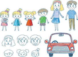 una carta con un disegno scarabocchio di famiglia e auto a colori vettore