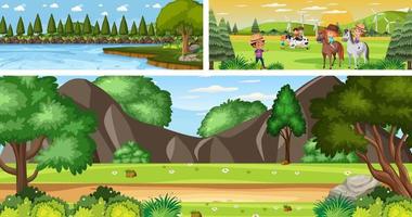 set di diverse scene di paesaggi all'aperto con personaggio dei cartoni animati vettore