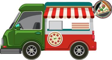 un simpatico camion di cibo per pizza su sfondo bianco vettore