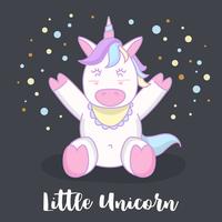 Progettazione dell&#39;illustrazione del personaggio dei cartoni animati dell&#39;unicorno del piccolo bambino. Illustrazione vettoriale