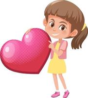 una ragazza con un cuore rosa in stile cartone animato vettore
