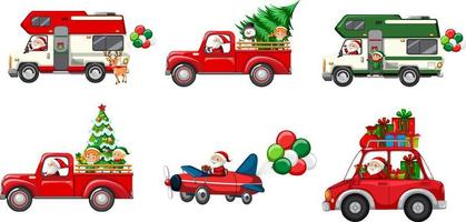 set di diverse auto natalizie e personaggi di babbo natale vettore