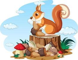 simpatico scoiattolo che raccoglie noci vettore