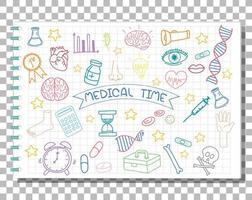 doodle disegnato a mano di icone mediche vettore