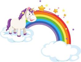 unicorno viola in piedi su una nuvola con arcobaleno vettore