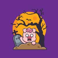 simpatico maiale zombi risorto dal cimitero nel giorno di halloween vettore