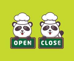 simpatico personaggio dei cartoni animati della mascotte del panda chef con tavola aperta e chiusa vettore