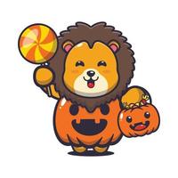 simpatico personaggio dei cartoni animati di leone con costume da zucca di halloween vettore