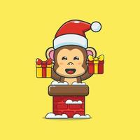 simpatico personaggio dei cartoni animati di scimmia con cappello da babbo natale nel camino vettore