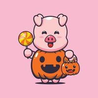 simpatico personaggio dei cartoni animati di maiale con costume da zucca di halloween vettore