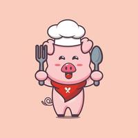 simpatico personaggio dei cartoni animati della mascotte del cuoco unico del maiale che tiene cucchiaio e forchetta vettore