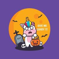 simpatico personaggio dei cartoni animati di unicorno zombi vuole caramelle vettore