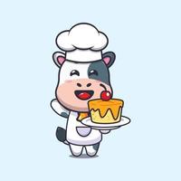 simpatico personaggio dei cartoni animati della mascotte del cuoco unico della mucca con la torta vettore