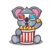 simpatico koala che mangia popcorn e guarda un film in 3d vettore
