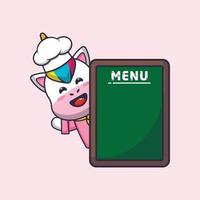 simpatico personaggio dei cartoni animati della mascotte del cuoco unico dell'unicorno con la scheda del menu vettore