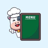 simpatico personaggio dei cartoni animati della mascotte del cuoco unico della mucca con la scheda del menu vettore