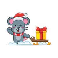 simpatico personaggio dei cartoni animati del mouse che trasporta la scatola del regalo di natale vettore