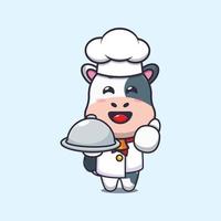 simpatico personaggio dei cartoni animati della mascotte del cuoco unico della mucca con il piatto vettore