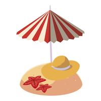 spiaggia di sabbia estiva con ombrellone e cappello di paglia vettore