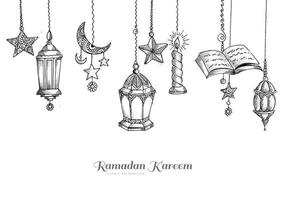 design ramadan kareem con lanterna decorativa e disegno islamico di carte da disegno vettore