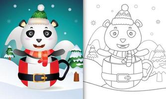 libro da colorare con un simpatico panda personaggi natalizi con cappello e sciarpa nella tazza di Babbo Natale vettore