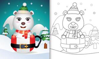 libro da colorare con un simpatico orso polare personaggi natalizi con cappello e sciarpa nella tazza di Babbo Natale vettore
