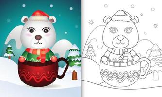 libro da colorare con un simpatico orso polare personaggi natalizi con cappello da babbo natale e sciarpa nella tazza vettore