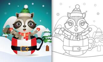 libro da colorare con un simpatico procione personaggi natalizi con cappello e sciarpa nella tazza di Babbo Natale vettore